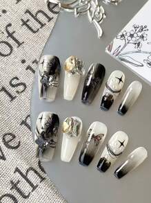 10 szt./zestaw długich, ręcznie robionych, luksusowych, gradientowych, czarnych sztucznych paznokci, wielokrotnego użytku, na imprezę świąteczną, z pilnikami i klejem do paznokci, dla kobiet i dziewcząt, dociskane paznokcie, artykuły do paznokci, paznokcie