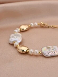 1pc Elegant 18K Gold Plated Natural Pearl Bracelet, Suitable For Women's Daily Wear, Evening Party, Mother's Day, Valentine's Day, Birthday, Wedding, Engagement, Bridal Gift