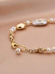 1pc Elegant 18K Gold Plated Natural Pearl Bracelet, Suitable For Women's Daily Wear, Evening Party, Mother's Day, Valentine's Day, Birthday, Wedding, Engagement, Bridal Gift