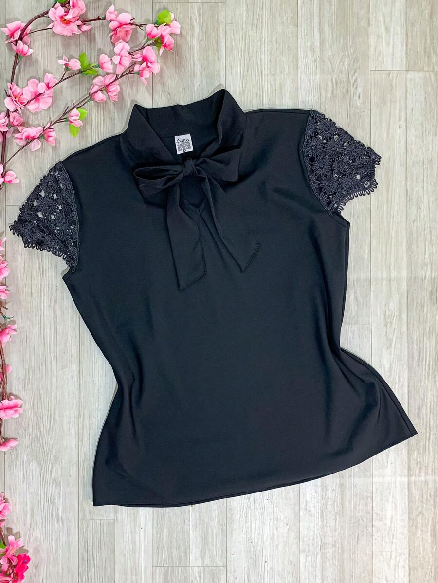 Women's Short Sleeve Evangelical Lace Blouse With Bow No. 9 - 黑色 - 查看 1