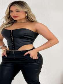 Strapless Leather Corset With Front Closure, Women's Fashion Top - 黑色 - 查看 3