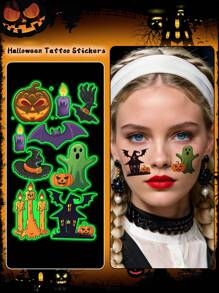 5pcs Halloween Glow-In-The-Dark Stickers, Cartoon Pumpkin, Ghost, Bat Patterns, Waterproof And Sweat-Resistant, Temporary Tattoo Stickers, Unisex, Suitable For Face, Neck, Arms And Other Body Parts, Create Personalized Tattoos - Multicolor - View 3