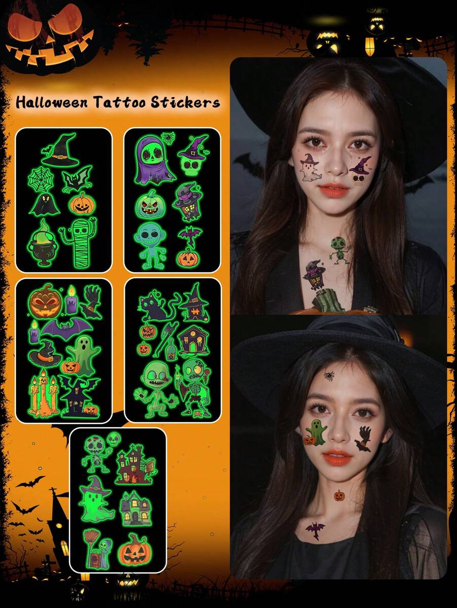 5pcs Halloween Glow-In-The-Dark Stickers, Cartoon Pumpkin, Ghost, Bat Patterns, Waterproof And Sweat-Resistant, Temporary Tattoo Stickers, Unisex, Suitable For Face, Neck, Arms And Other Body Parts, Create Personalized Tattoos - Multicolor - View 1