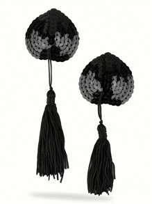 纯色网眼露背开裆连体衣，性感镂空半透明贴身连体衣，带流苏装饰乳头罩，女士性感内衣和内裤 - 黑色 - 查看 3