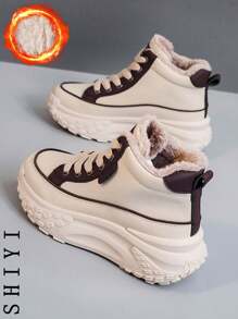 2025新款女士雪地靴，加厚保暖内衬，时尚百搭，学生休闲运动鞋，黑色、棕色、银色、白色可选，厚底靴 - 棕色 - 查看 2