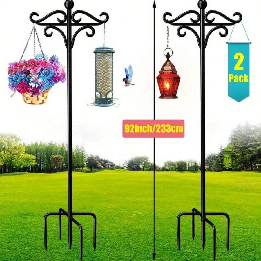 2 Pack 92in Adjustable High Rust-Resistant Shepherd Hook, Bird Feeder Pole, Outdoor Garden Stakes, For Hummingbird Feeder/ Plant Baskets, Hanging Outdoor Solar Lights, Lanterns, Flower Baskets, And Bird Feeders - 黑色 - 查看 1