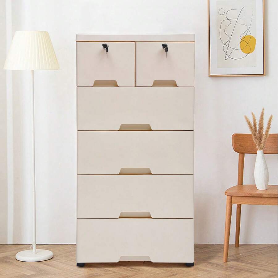 Bedroom 6Drawer Dresser Storage Organizer Chest Of Tower Closet Nightstand White Plastic Drawers Dresser, Storage Cabinet With 6 Drawers, 20" Wx14 Dx40 H Closet Drawers Tall Dresser Organizer With 4 Wheels For Clothes,Playroom,Bedroom,Kitchen Storage Furniture - 米色 - 查看 1