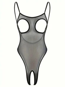 纯色网眼露背开裆连体衣，性感镂空半透明贴身连体衣，带流苏装饰乳头罩，女士性感内衣和内裤 - 黑色 - 查看 4