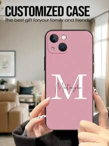 1 pieza Funda protectora de silicona con cobertura completa y texto personalizado, nombre, fecha compatible con Apple 15 14 13 12 11 Pro Max, Series color rosa