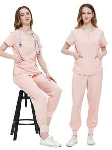 Uniformes de Enfermera Señoras Color Sólido Bolsillo de Manga Corta Conjunto de Uniforme de Enfermera - Rosa - Ver 2