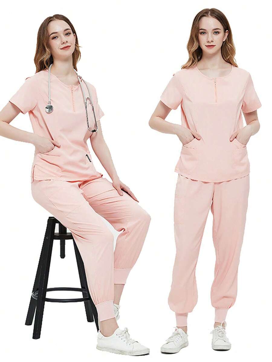 Uniformes de Enfermera Señoras Color Sólido Bolsillo de Manga Corta Conjunto de Uniforme de Enfermera