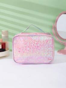 1 件粉红猫图案化妆包，大容量旅行化妆包，便携式手提包，多功能涤纶面料洗漱包，适合女士、居家和旅行 - 淺粉色 - 查看 3