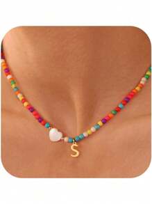 1pc Elegant Teen Girls Gold Stainless Steel 26 Alphabet Letter & Colorful Plastic Bead Heart Pendant Necklace, Suitable As Gift For Bestie, Schoolmate Or Friend