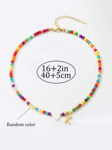 1pc Elegant Teen Girls Gold Stainless Steel 26 Alphabet Letter & Colorful Plastic Bead Heart Pendant Necklace, Suitable As Gift For Bestie, Schoolmate Or Friend
