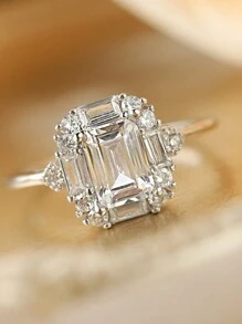 Nhẫn nữ thời trang cao cấp hình chữ nhật 4 chấu bằng bạc Sterling 925 Zirconia, Nhẫn đính hôn/cô dâu cho bạn gái - trắng - Xem 2