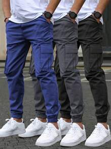 3-Piece Set Teen Boy Casual Outdoor Sports Pockets Straight Leg Elastic Waist Cargo Pants, Suitable For School, Spring & Autumn/Winter