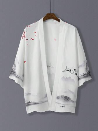 Minimalist & Vintage Oriental Print Kimono Style Cardigan, Summer Lightweight Outwear Windbreaker For Couples Tourists & Casual Occasions