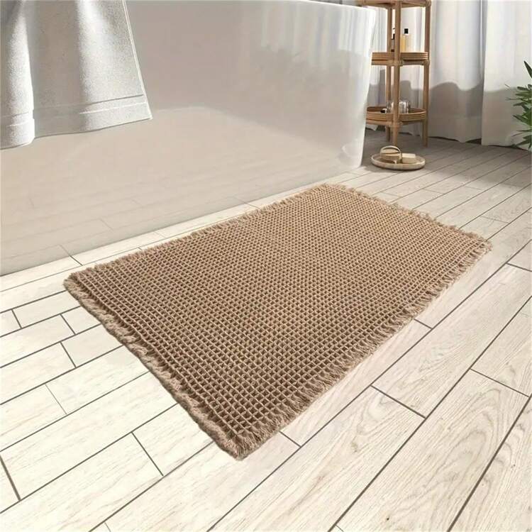 1pc Soft Absorbent Waffle Bath Mat, Slip-Resistant With Hot Melt Glue Transparent Rubber Bottom, Tasseled Washable For Kitchen And Bathroom Home Bathroom Decor Bath Rug Floor Carpet Outdoor Rug Door Mat Fall Decor Bathroom Accessories Back To School Entryway Decor - Multicolor - View 9