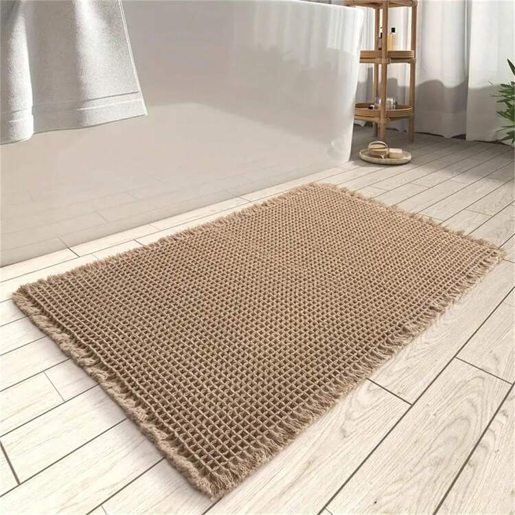 1pc Soft Absorbent Waffle Bath Mat, Slip-Resistant With Hot Melt Glue Transparent Rubber Bottom, Tasseled Washable For Kitchen And Bathroom Home Bathroom Decor Bath Rug Floor Carpet Outdoor Rug Door Mat Fall Decor Bathroom Accessories Back To School Entryway Decor - Multicolor - View 1