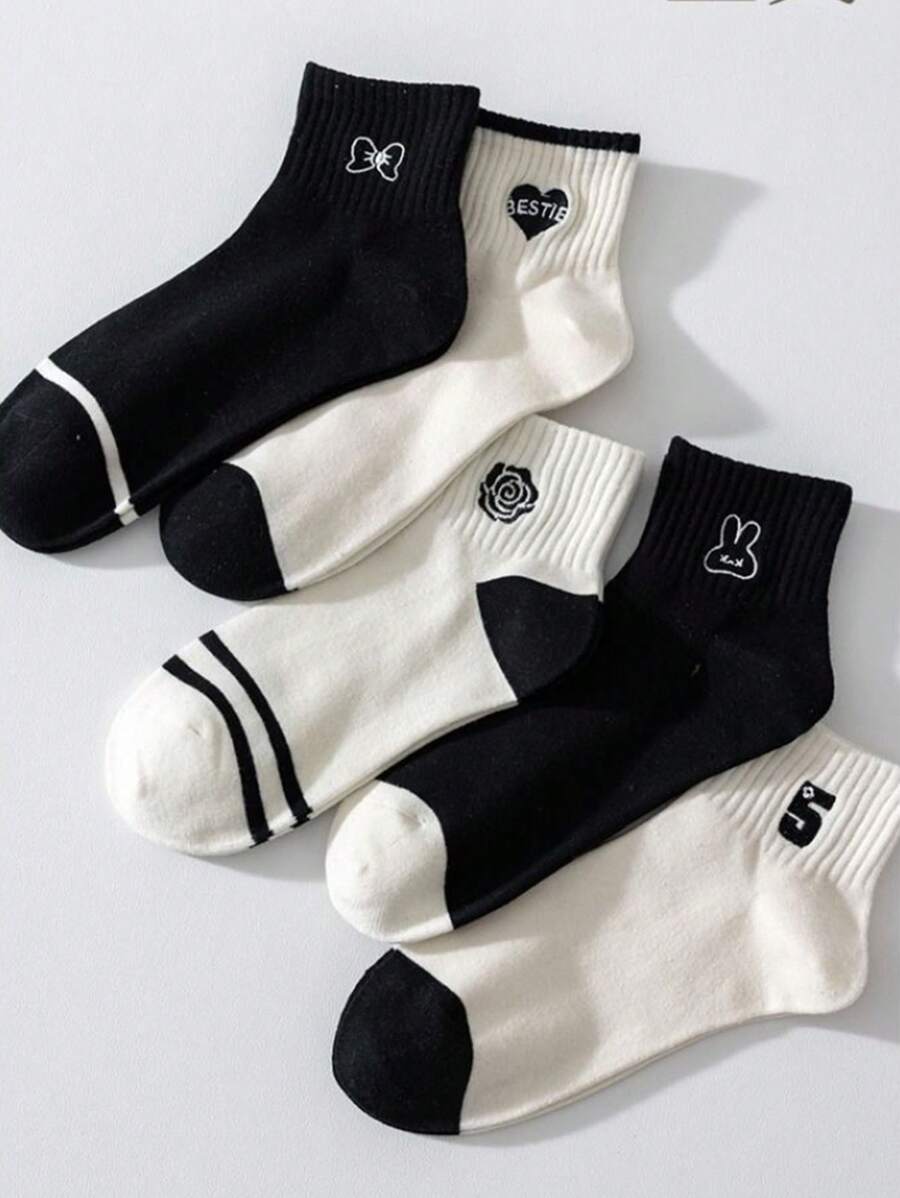 5 Pairs Women's Short Socks, Breathable Minimalist Black & White Colorway, Mid-Calf Sports Socks, Back To School Season - Multicolor - View 1
