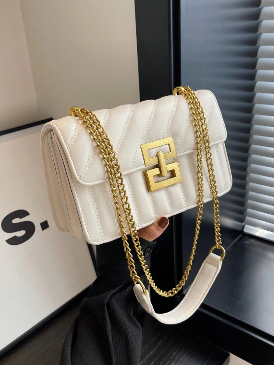 1 件女士刺绣条纹时尚锁扣方形钱包配彩色链条，适合约会和礼物