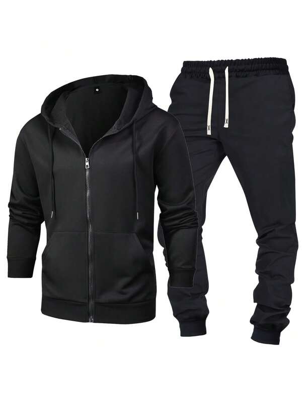 2pcs Men's Solid Color Casual Sports Suit Set, Includes Elastic Waist Drawstring Pants And Jacket For Travel, Leisure, Outdoor Camping