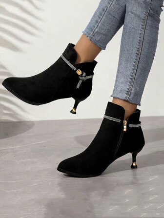 Women's Rhinestone Tassel Decor High Heel Boots, Comfy Chunky Heel Chelsea Boots, Pointed Toe Side Zip Design, Elegant Fall Winter Fashion Ankle Boots