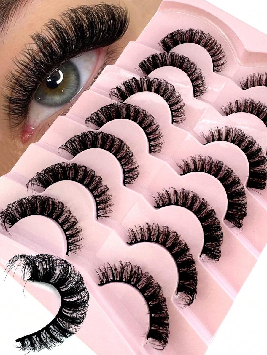 7 Pairs/Pack DD Curl Russian Lashes Voluminous Fake Eyelashes Thick Curly Fluffy Volume False Eyelashes Artificial 3D Mink Lashes Cat-Eye Look Wispy 8D Volume Fake Eyelash Strips Eye Lifting Look Extension Full Eyelash Strip To Lengthen And Volumize The Outer Corner Of Your Eye For Beauty Makeup - 黑色 - 查看 1