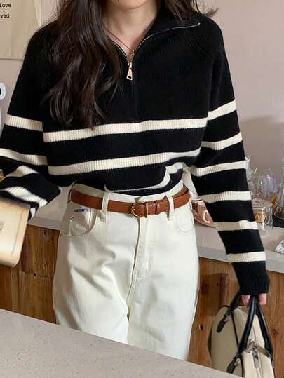 Women's Casual Striped Zipper Up Long Sleeve Knitted Sweater, Autumn Winter,Long Sleeve Tops