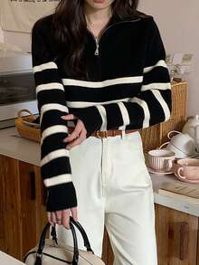 女士休闲条纹拉链长袖针织毛衣，秋冬，长袖上衣