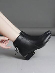 Fall/Winter Women Pointed Toe Bow Decor Short Boots, Metal Electroplating Shiny Thick Heel Black Metal Zipper Short Ankle Boots,Boots For Women - Black - View 4