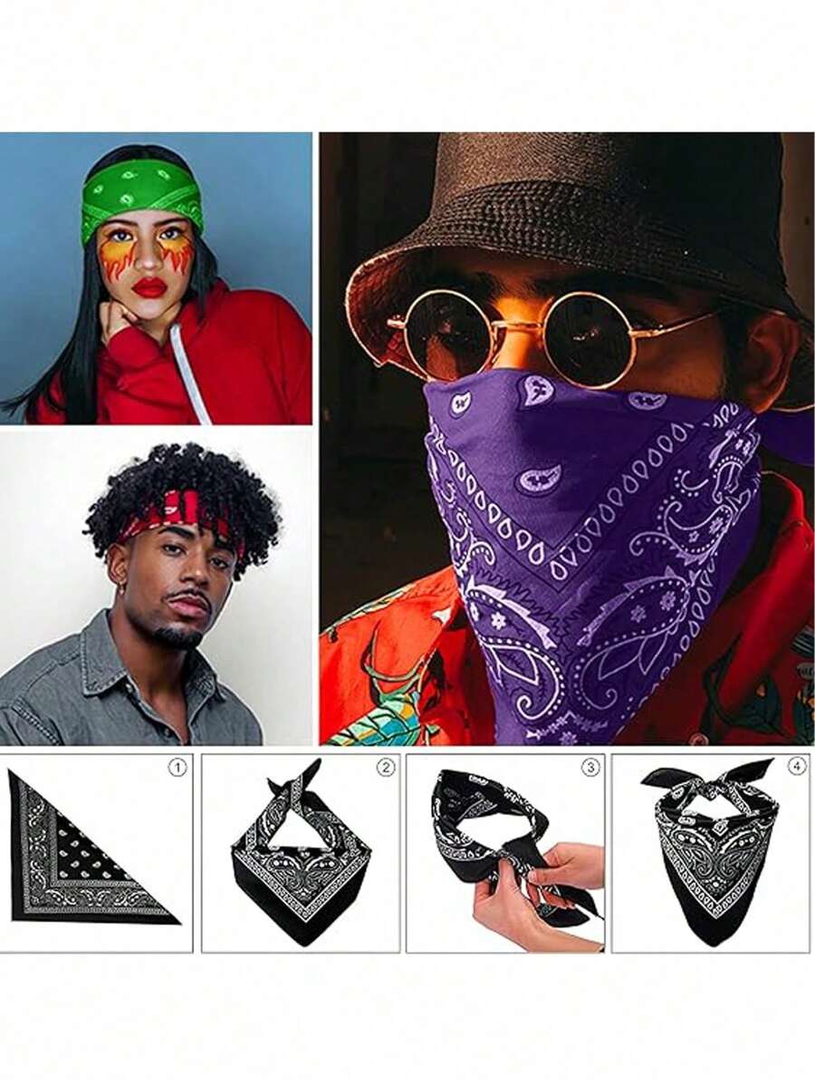 5pcs Assorted Polyester Paisley Bandana, Hiphop Dance/Motorcycle Riding Kerchief - Multicolor - View 1