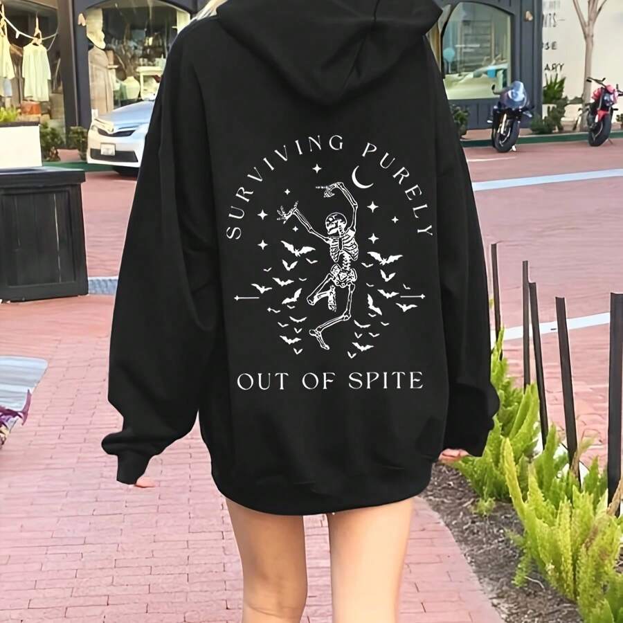 Skull Print Hoodie, Winter Drawstring Casual Hooded Sweatshirt, Women's - Black - View 1