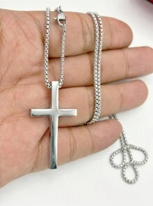 70cm Stainless Steel Cross Necklace Unisex Gold Plated Silver Catholic Necklace - Silver - View 3