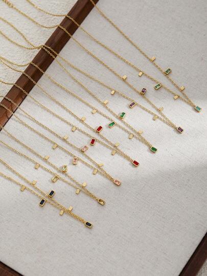 1件简约方形不锈钢及立方氧化锆水晶项链，时尚首饰套装，适合日常佩戴，女士独特礼物