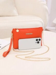 Mini Orange PU Leather Simple Solid Color Shoulder Handbag & Crossbody Chain Bag - Orange - View 5