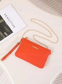 Mini Orange PU Leather Simple Solid Color Shoulder Handbag & Crossbody Chain Bag - Orange - View 3