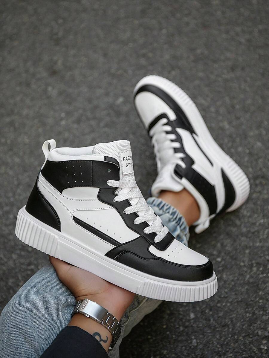 Giày trượt patin cổ cao phối màu tương phản đen trắng cá tính dành cho nam, phong cách thời trang, buộc dây phía trước, thoải mái khi đi bộ đường dài ngoài trời