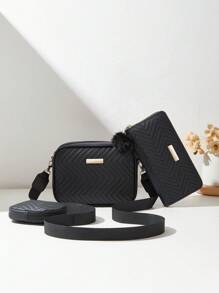 3pcs/Set Women's Fashion One Shoulder/Crossbody Bag, Quilted Package, Long Wallet, Small Square Wallet & Coin Purse Combo - Black - View 2