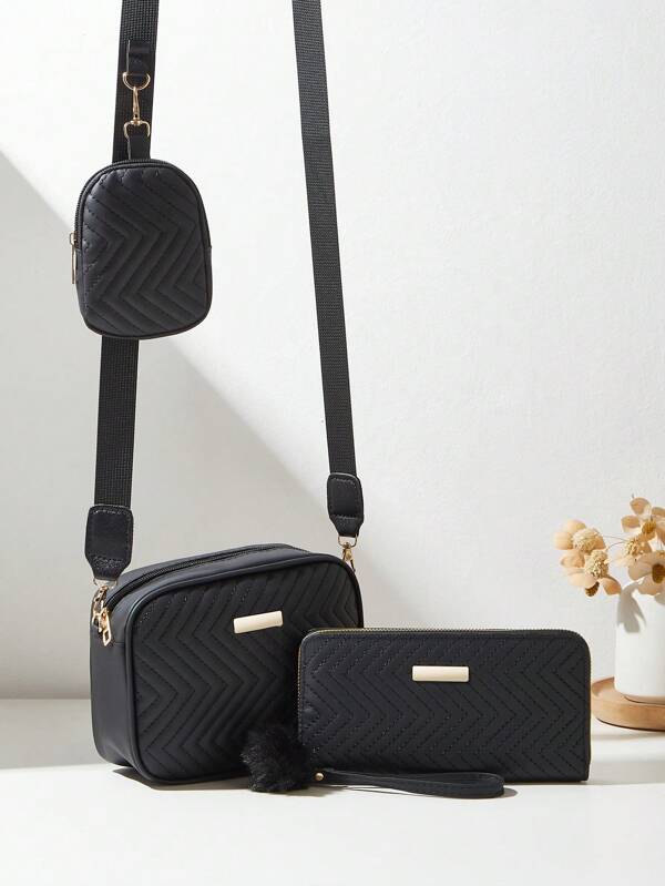 3pcs/Set Women's Fashion One Shoulder/Crossbody Bag, Quilted Package, Long Wallet, Small Square Wallet & Coin Purse Combo