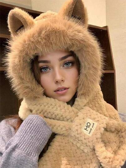 Winter Warm Hooded Scarf, Elastic Thick Neck Warmer, Cartoon Ears, Fluffy Plush Women's Hat, Cute Animal Design Cross Neck Scarf Halloween Winter Accessories Halloween Decor