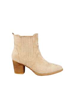 TULIPANO KESCA Women's Suede High-Top Chunky Heel Side Zipper Cowboy Style Classic Elastic Pointed Toe Fall Winter Low Ankle Boots - 米色 - 查看 2