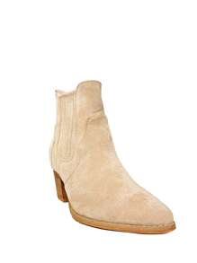 TULIPANO KESCA Women's Suede High-Top Chunky Heel Side Zipper Cowboy Style Classic Elastic Pointed Toe Fall Winter Low Ankle Boots - 米色 - 查看 3