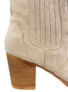 TULIPANO KESCA Women's Suede High-Top Chunky Heel Side Zipper Cowboy Style Classic Elastic Pointed Toe Fall Winter Low Ankle Boots - 米色 - 查看 7