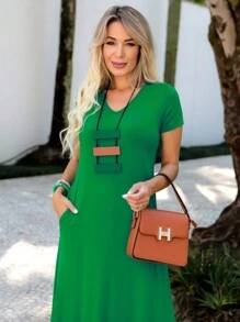 Long Dress Short Sleeve Fashion Comfy Super Comfortable With Pocket - Green - View 5