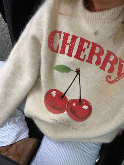 Pull col rond imprimé cerises décontracté pour femmes, convient pour le port quotidien, les trajets et les courses, automne/hiver