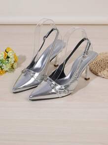 2024 Lente/Herfst Nieuwe Puntige Teen Metalen Gesp Dunne Hak Hoge Hak Slip-On Gesloten Teen Holle Uit Sandalen Voor Vrouwen