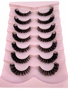 7 Pairs/Pack DD Curl Russian Lashes Voluminous Fake Eyelashes Thick Curly Fluffy Volume False Eyelashes Artificial 3D Mink Lashes Cat-Eye Look Wispy 8D Volume Fake Eyelash Strips Eye Lifting Look Extension Full Eyelash Strip To Lengthen And Volumize The Outer Corner Of Your Eye For Beauty Makeup - 黑色 - 查看 3