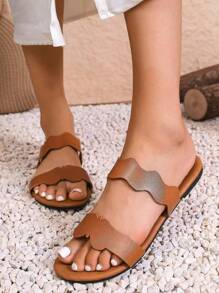 Women Summer New Casual Flat Slip-On Sandals Solid Color Butterfly Wave Design Beach Slippers