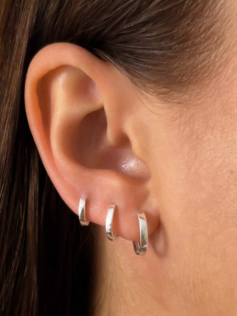 CLICK SILVER PLAIN HOOP EARRING TRIO KIT - 銀色 - 查看 1